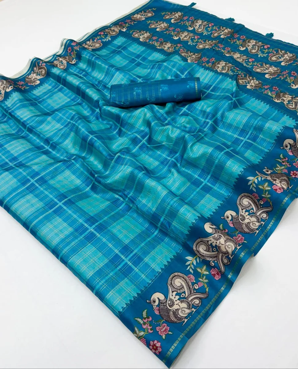 Charvi Tusser – Soft Tussar with Bentex border, Kalamkari pallu & border, small Zari checks, tassels + matching blouse piece