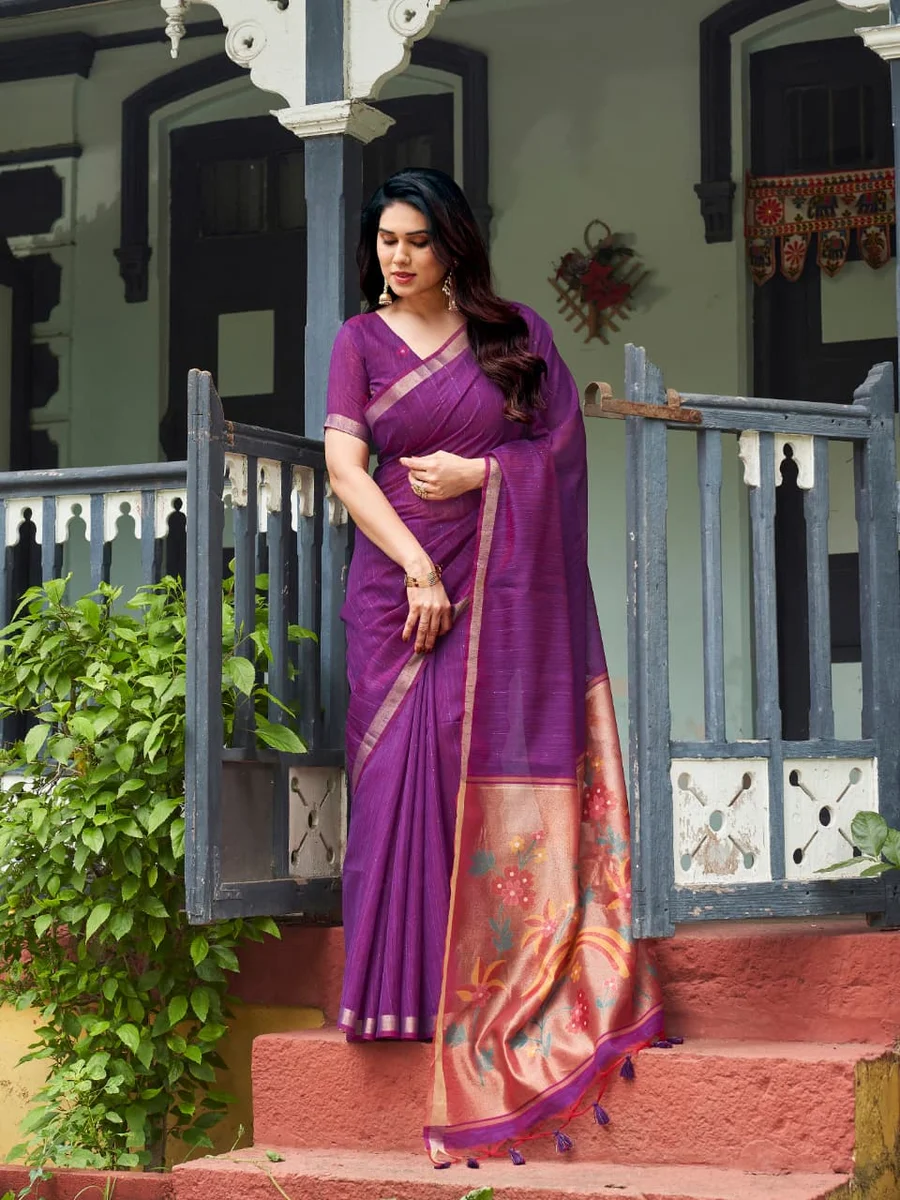 Linen Silk 708 – Premium Soft Pure Linen Silk Saree with rich Zari & Meena weaving tissue pallu, tiny Zari border, all-over sequence Zari lining + running blous