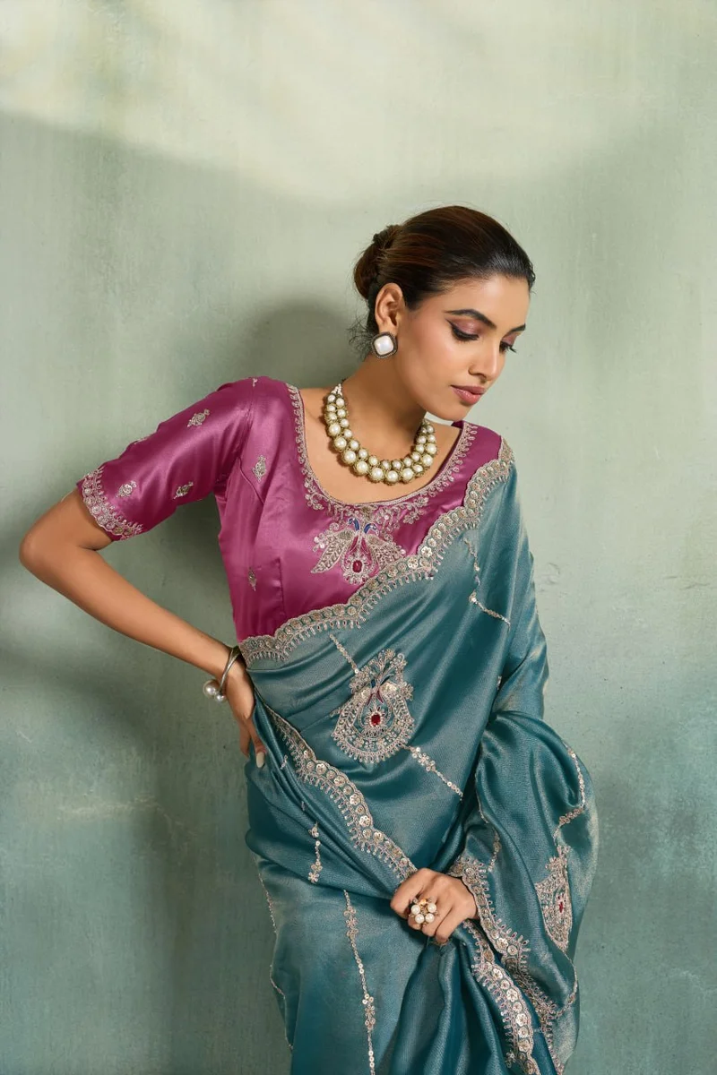 Giraffe Saree with rich texture, fluid drape, intricate Butta embroidery, handwork & stonework + Royal Makhmal Satin blouse in contrasting shades | Occasion: Pa