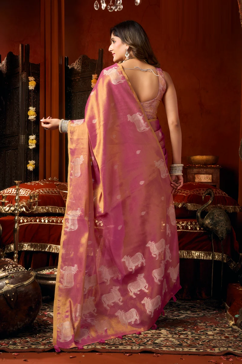 Supriya (Series 3601–3606) – Heavy Tissue Silk Saree with all-over Cow Butta & fancy tassels + matching blouse piece