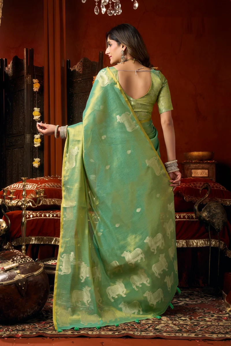 Supriya (Series 3601–3606) – Heavy Tissue Silk Saree with all-over Cow Butta & fancy tassels + matching blouse piece