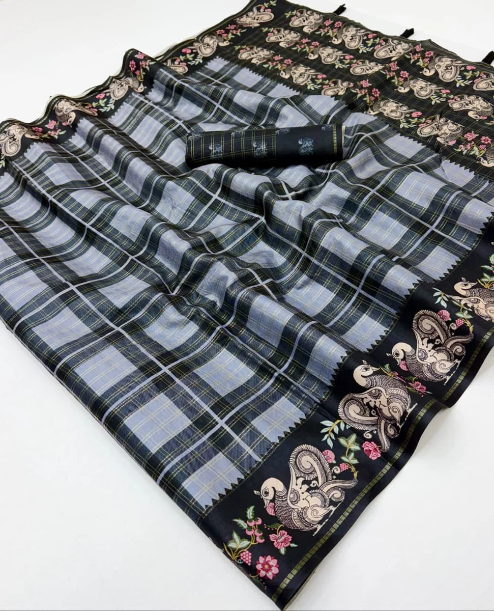 Charvi Tusser – Soft Tussar with Bentex border, Kalamkari pallu & border, small Zari checks, tassels + matching blouse piece