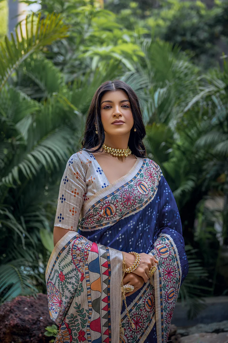 YOGITA MADHUBANI 2 – Soft Tussar Silk with beautiful Madhubani print on pallu & border, classic Bandhani print all over body + contrast blouse piece