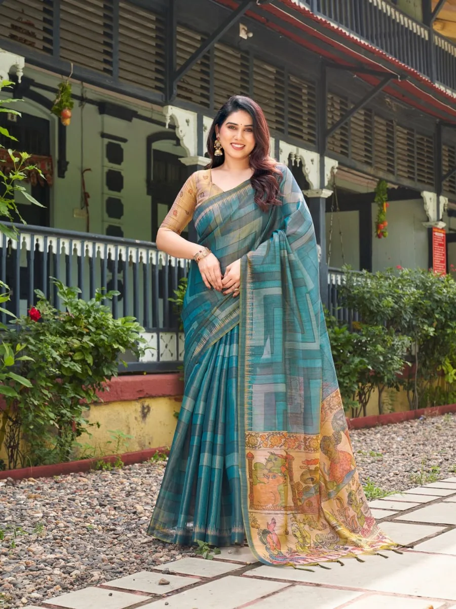 TISSUE TUSSAR 6 – Premium soft Tissue Tussar silk saree with traditional Kalamkari print pallu, classic temple border, all-over colourful strips + contrast blou