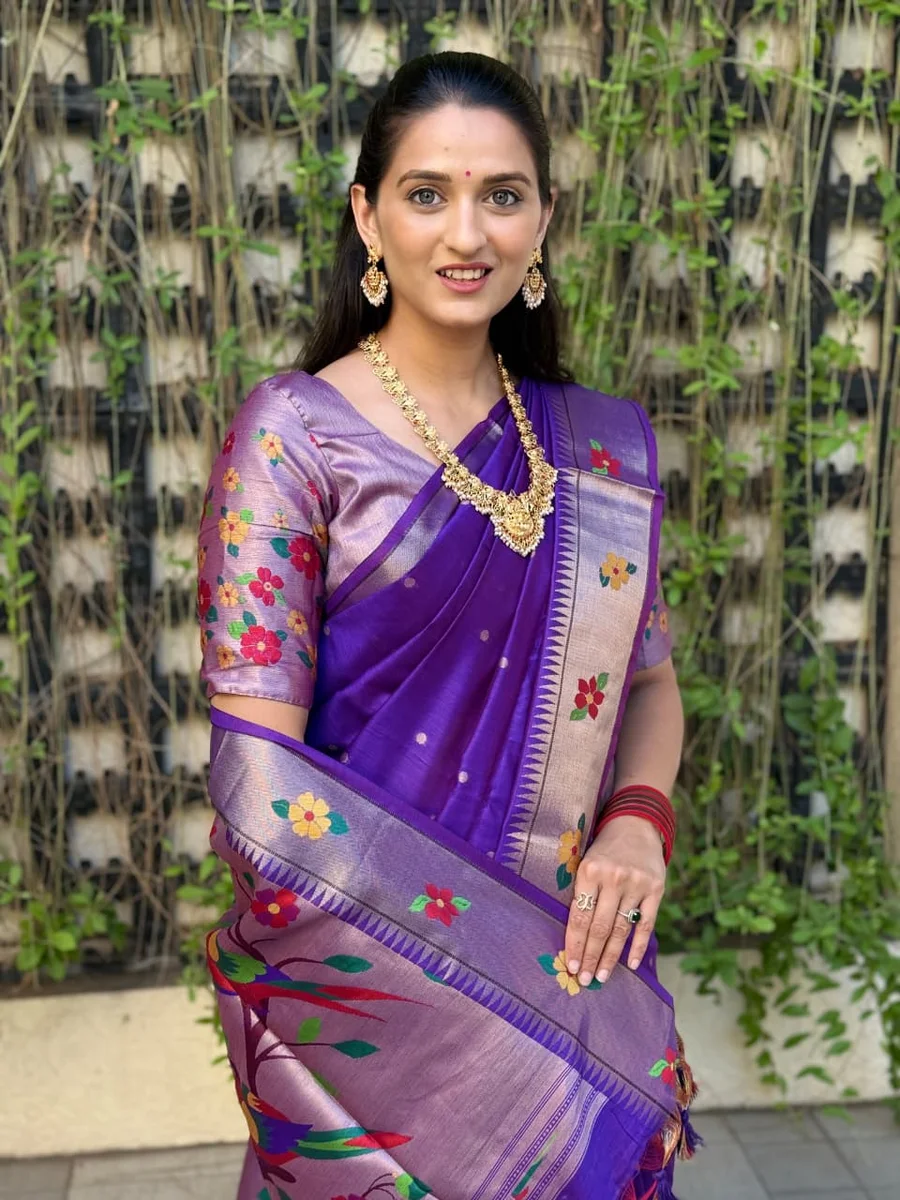 Phoolmala Paithani – Soft Khadi Raw Silk Saree with colorful rich Meena weaving Paithani pallu, traditional floral border, all-over small butties + full Zari wo