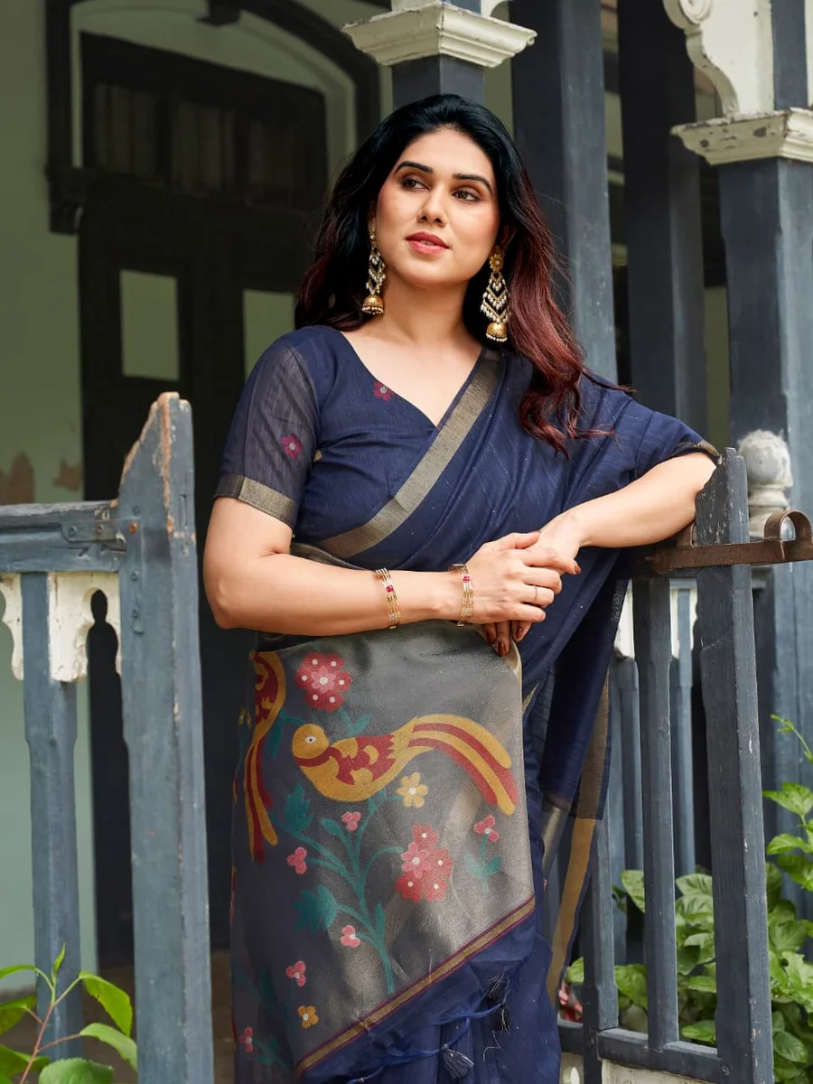 Linen Silk 708 – Premium Soft Pure Linen Silk Saree with rich Zari & Meena weaving tissue pallu, tiny Zari border, all-over sequence Zari lining + running blous