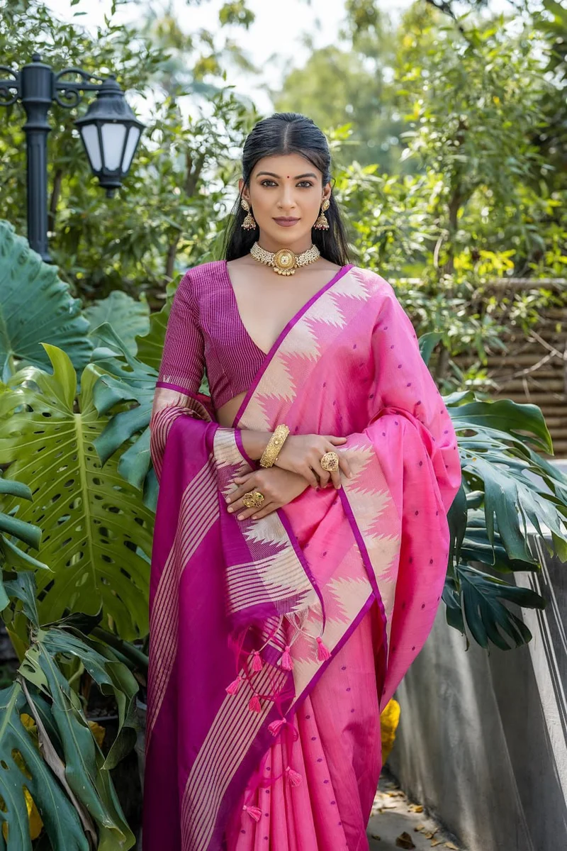 WhatsApp 📞 +917698385113 www.Laavsee.com __ LV202CN151026-1 ✨ Elisha Pyramid – Semi Tussar Silk Saree with all-over Bandhani Butti weaves, traditional temple b