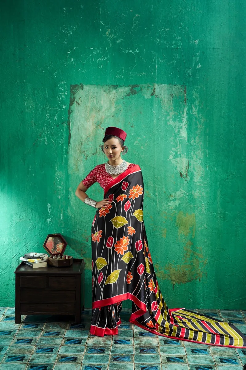 Modal Satin Ajrakh Print Saree + matching Moda blouse by www.Laavsee.com