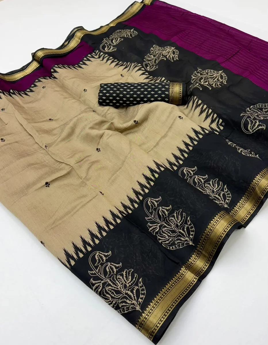 Soft Mul Cotton Saree with unique print, beautiful pallu & Zari border + matching blouse piece