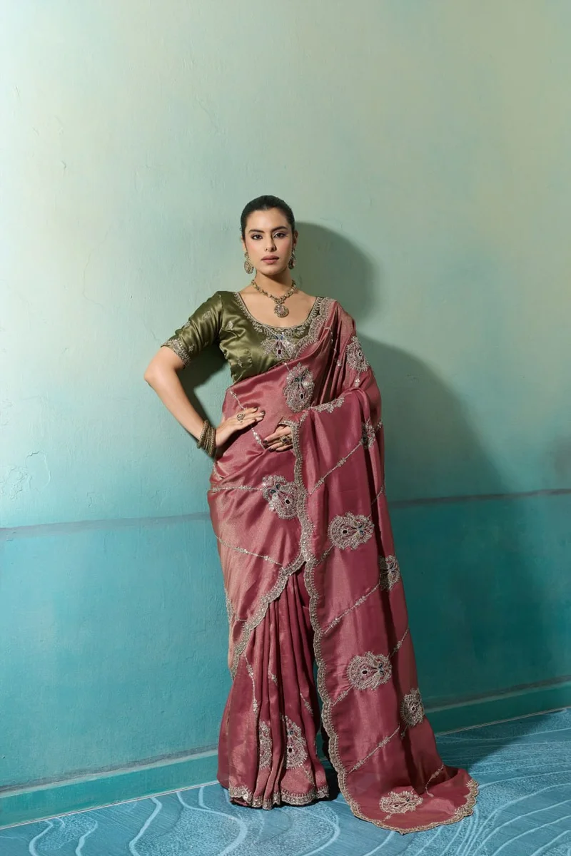 Giraffe Saree with rich texture, fluid drape, intricate Butta embroidery, handwork & stonework + Royal Makhmal Satin blouse in contrasting shades | Occasion: Pa