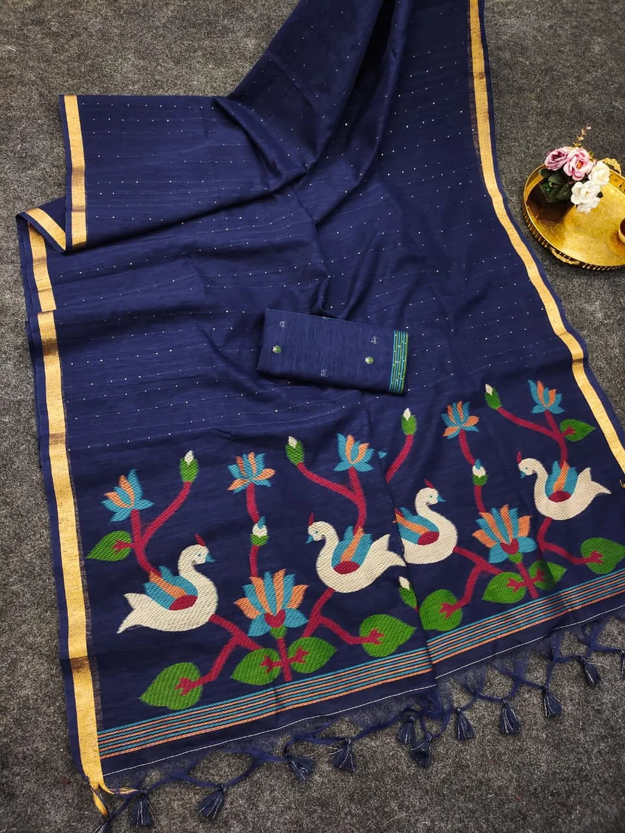 LINEN SILK 606 – Premium soft linen silk saree with Meena weaving, rich Jamdani pallu by www.Laavsee.com