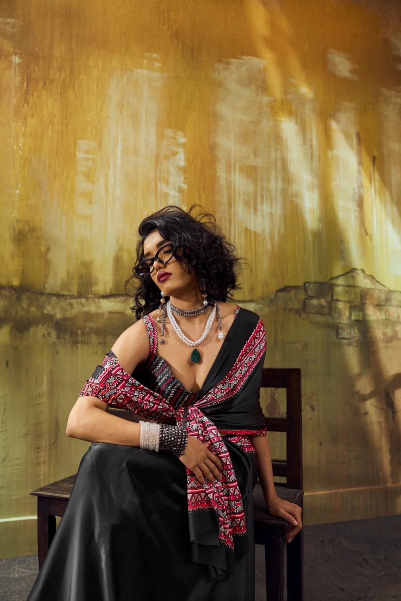 Modal Satin Ajrakh Print Saree + matching Modal Satin Ajrakh Print blouse by www.Laavsee.com