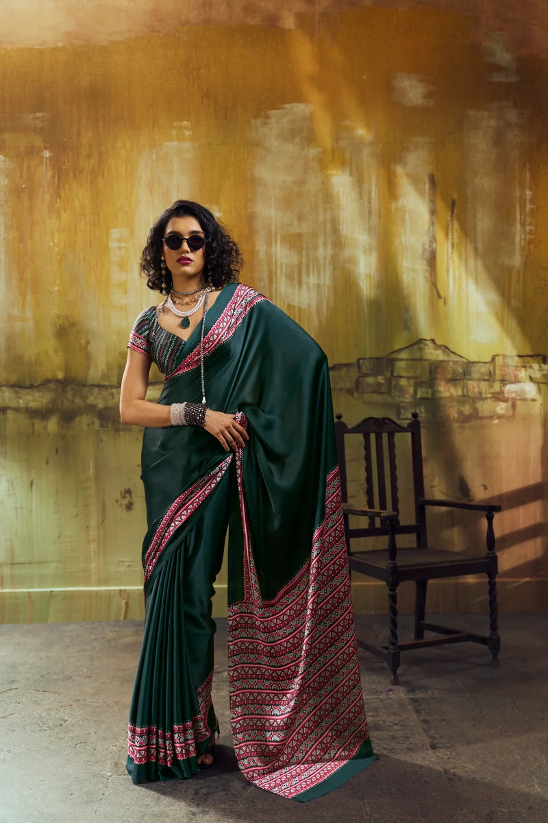 Modal Satin Ajrakh Print Saree + matching Modal Satin Ajrakh Print blouse by www.Laavsee.com