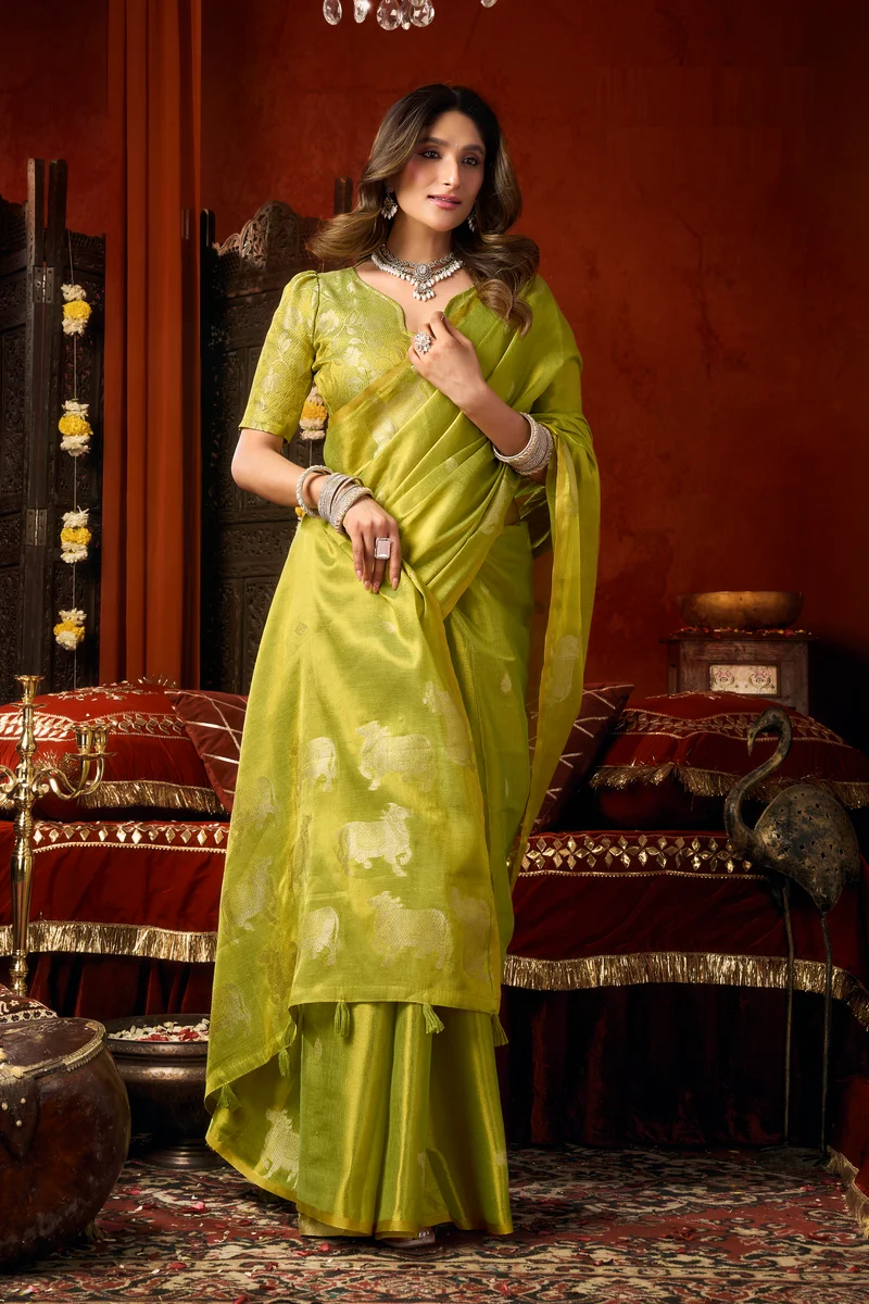 Supriya (Series 3601–3606) – Heavy Tissue Silk Saree with all-over Cow Butta & fancy tassels + matching blouse piece