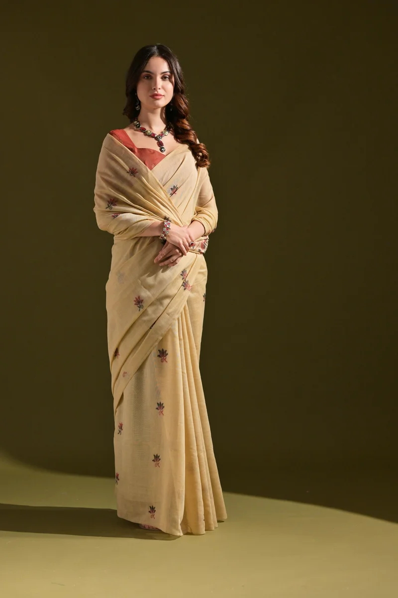 MUGA COTTON 217 – Premium soft Muga cotton saree with all-over floral weaving pattern (Pichwai-style), classic colourful Resham weaving pallu, fancy tassels + c