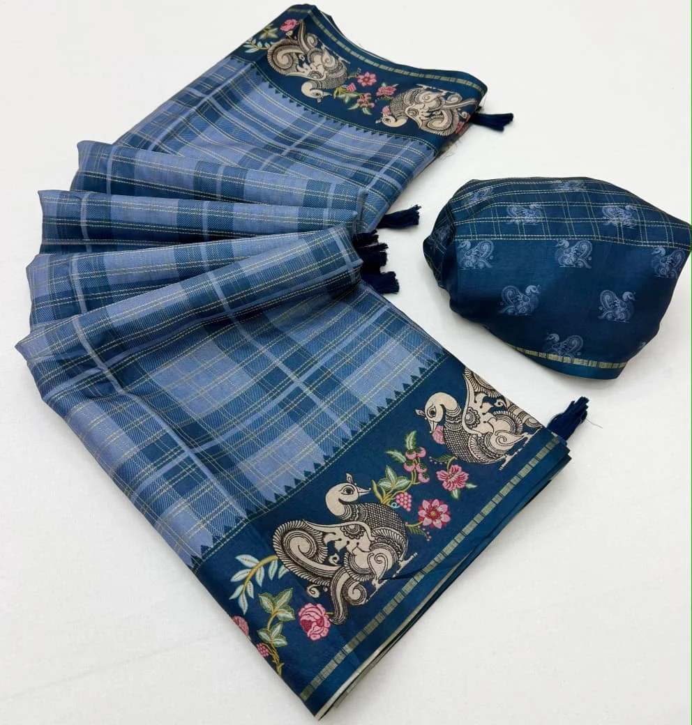 Charvi Tusser – Soft Tussar with Bentex border, Kalamkari pallu & border, small Zari checks, tassels + matching blouse piece