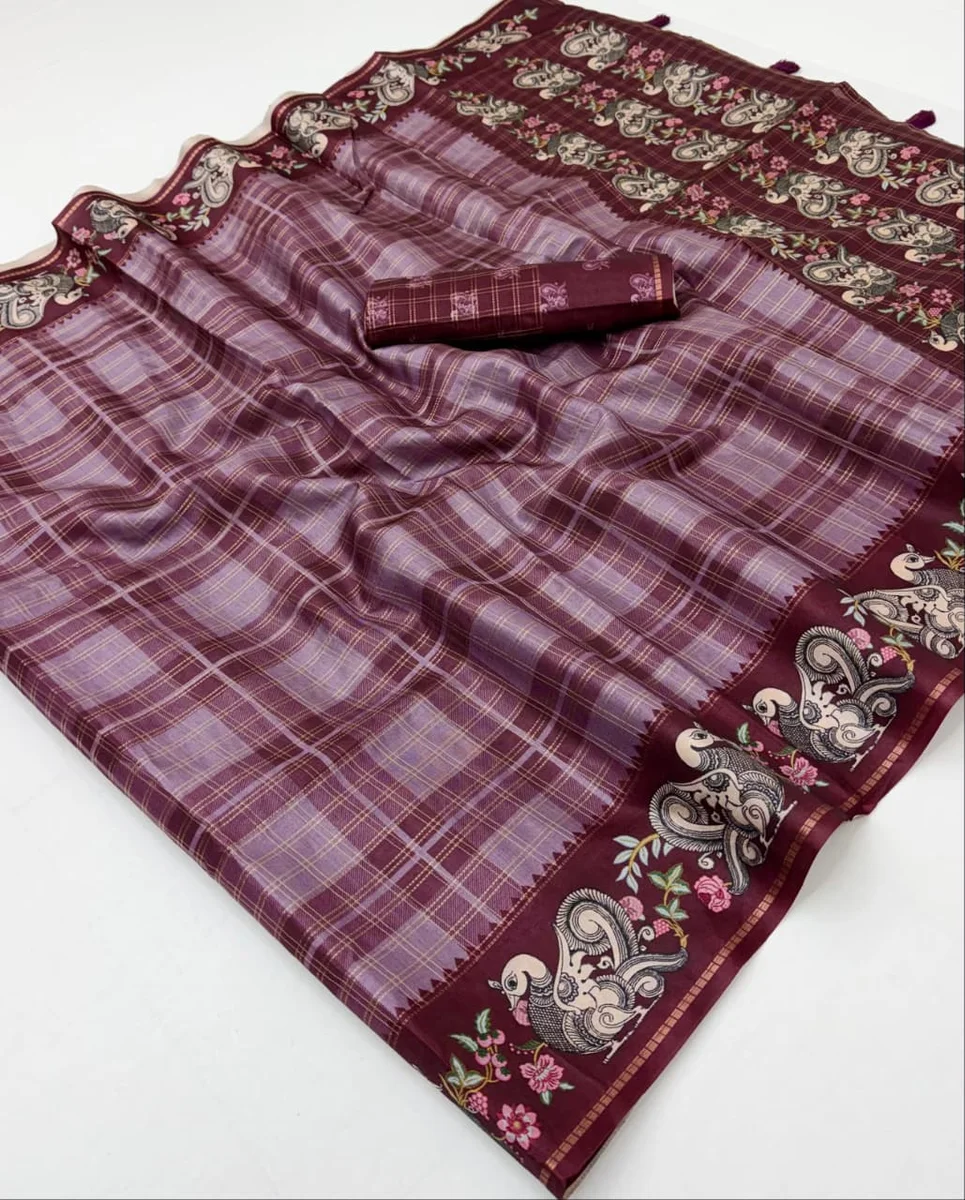 Charvi Tusser – Soft Tussar with Bentex border, Kalamkari pallu & border, small Zari checks, tassels + matching blouse piece