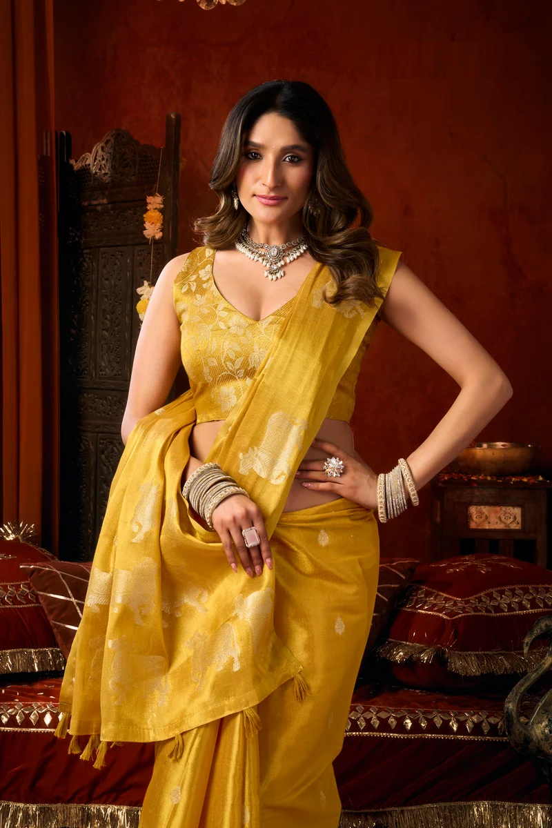 Supriya (Series 3601–3606) – Heavy Tissue Silk Saree with all-over Cow Butta & fancy tassels + matching blouse piece
