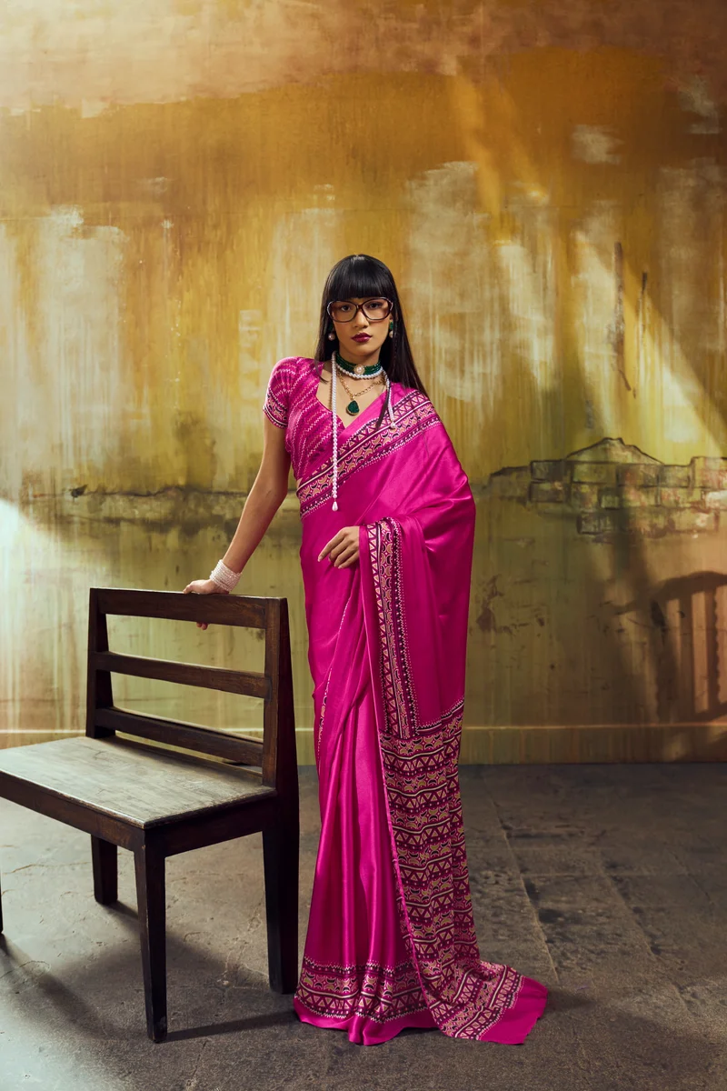 Modal Satin Ajrakh Print Saree + matching Modal Satin Ajrakh Print blouse by www.Laavsee.com