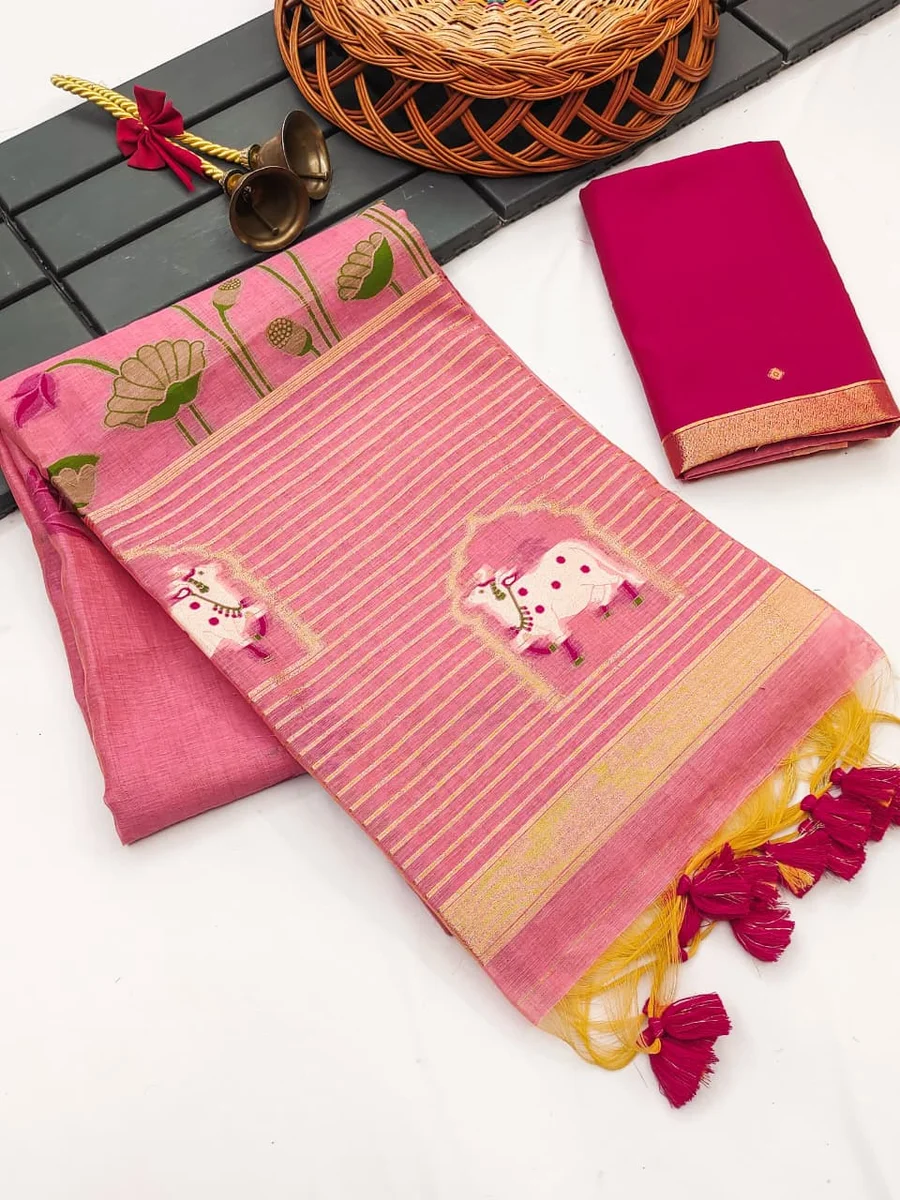 Premium soft Muga cotton saree with classic rich Zari & Cow Weaving Pichwai pallu, tiny Zari border, all-over lotus weaving, fancy tassels + contrast blouse pie