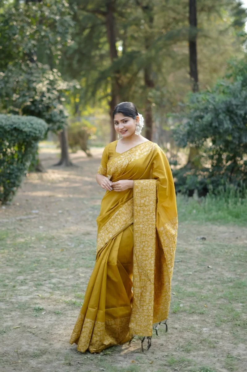 Handloom Raw Silk Saree with rich weaving pallu, unique Gala Border pattern + running blouse piece by www.Laavsee.com
