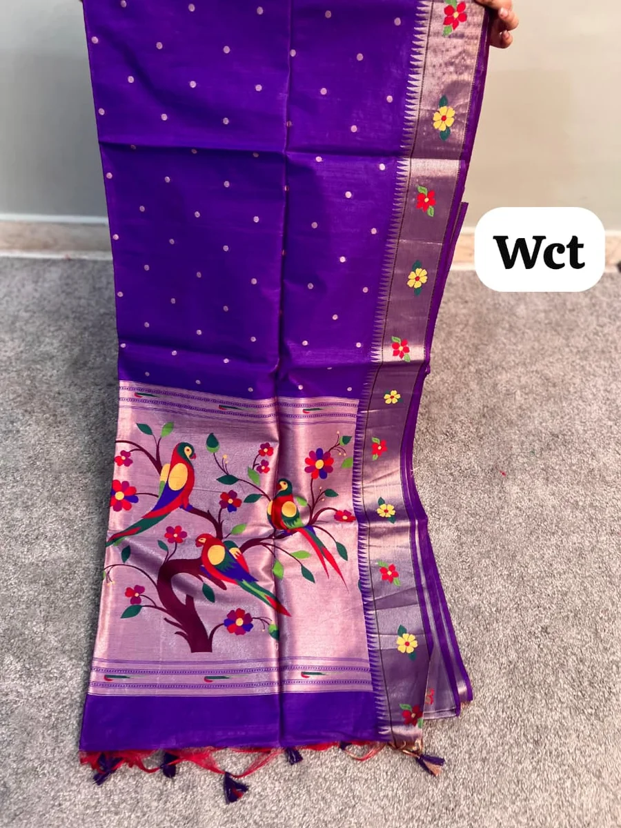 Phoolmala Paithani – Soft Khadi Raw Silk Saree with colorful rich Meena weaving Paithani pallu, traditional floral border, all-over small butties + full Zari wo