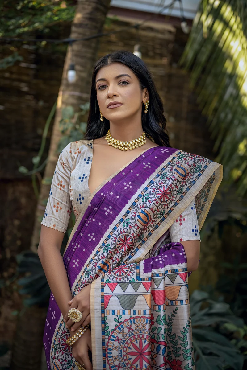 YOGITA MADHUBANI 2 – Soft Tussar Silk with beautiful Madhubani print on pallu & border, classic Bandhani print all over body + contrast blouse piece