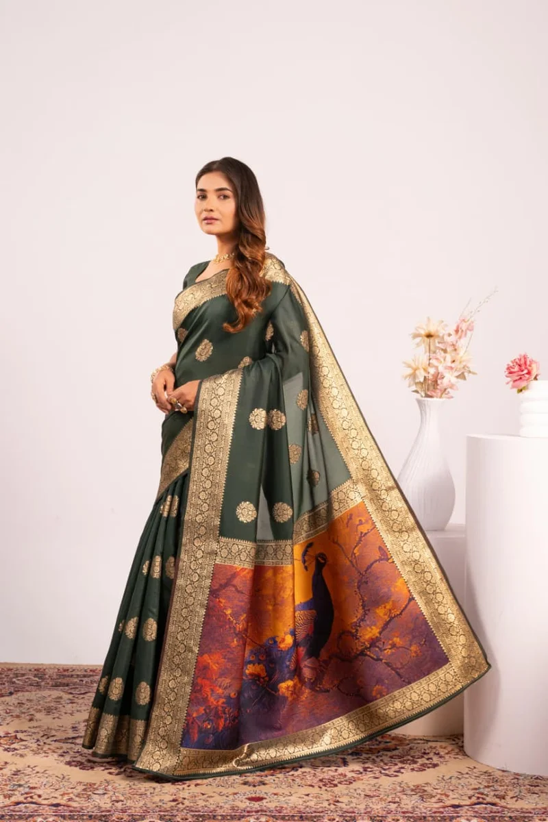 PORTRAIT 641 – Premium soft Banarasi silk saree with exclusive fully Resham weave peacock pallu, fine Zari border + running blouse piece