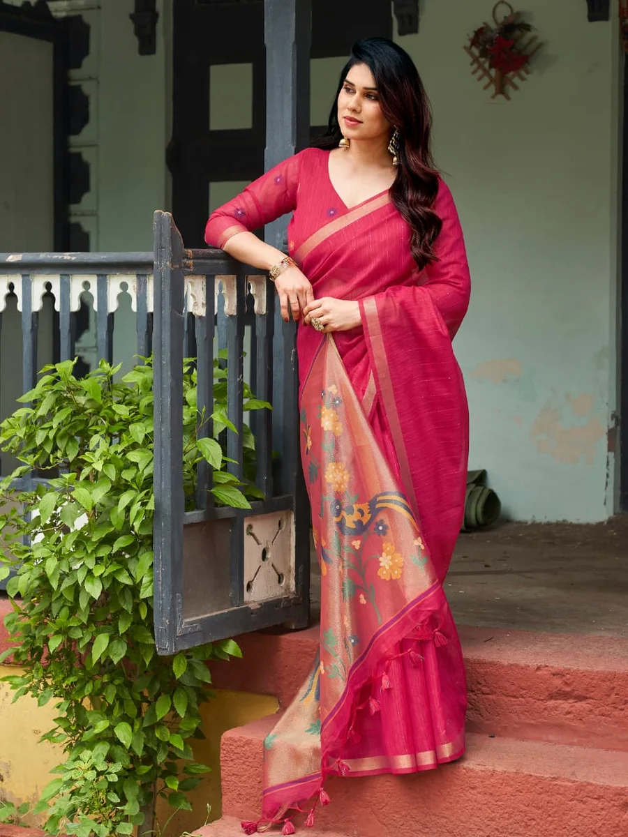 Linen Silk 708 – Premium Soft Pure Linen Silk Saree with rich Zari & Meena weaving tissue pallu, tiny Zari border, all-over sequence Zari lining + running blous