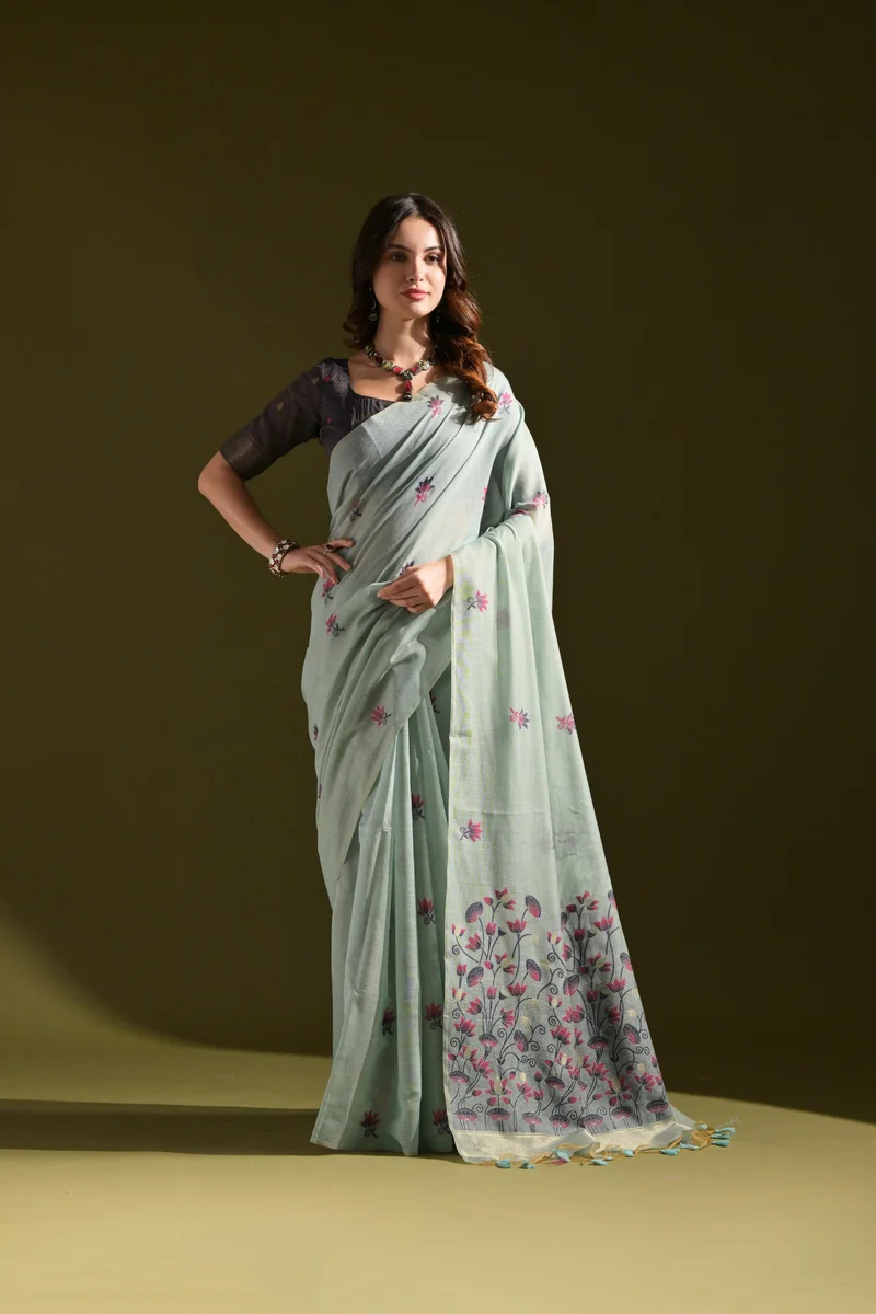 MUGA COTTON 217 – Premium soft Muga cotton saree with all-over floral weaving pattern (Pichwai-style), classic colourful Resham weaving pallu, fancy tassels + c