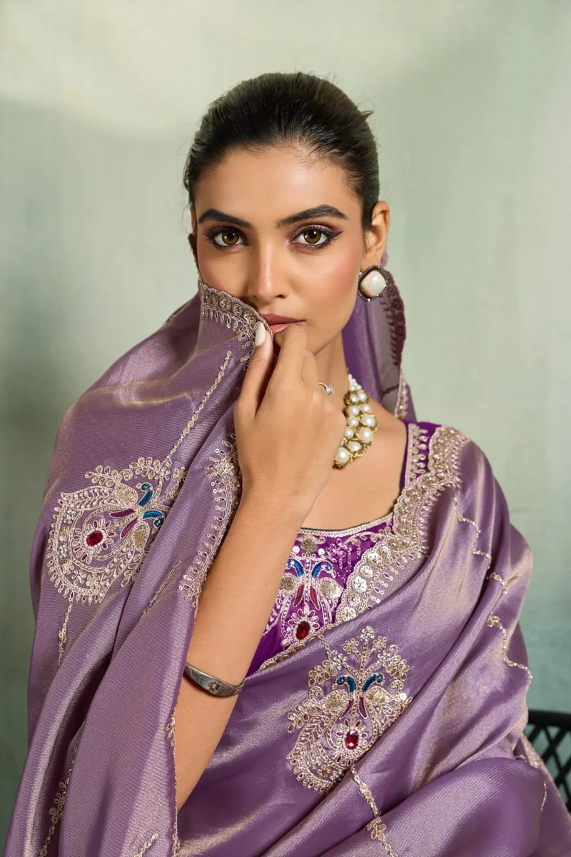 Giraffe Saree with rich texture, fluid drape, intricate Butta embroidery, handwork & stonework + Royal Makhmal Satin blouse in contrasting shades | Occasion: Pa