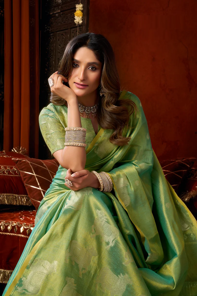 Supriya (Series 3601–3606) – Heavy Tissue Silk Saree with all-over Cow Butta & fancy tassels + matching blouse piece