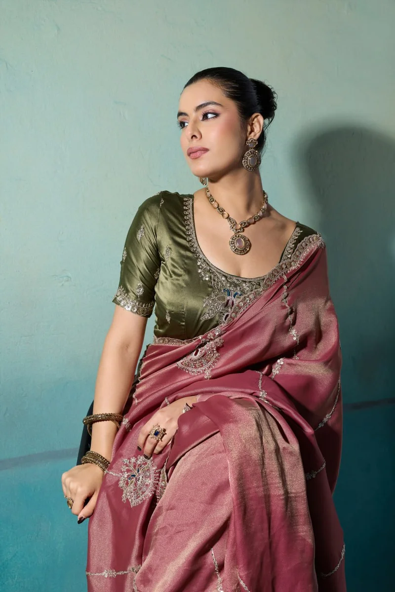 Giraffe Saree with rich texture, fluid drape, intricate Butta embroidery, handwork & stonework + Royal Makhmal Satin blouse in contrasting shades | Occasion: Pa