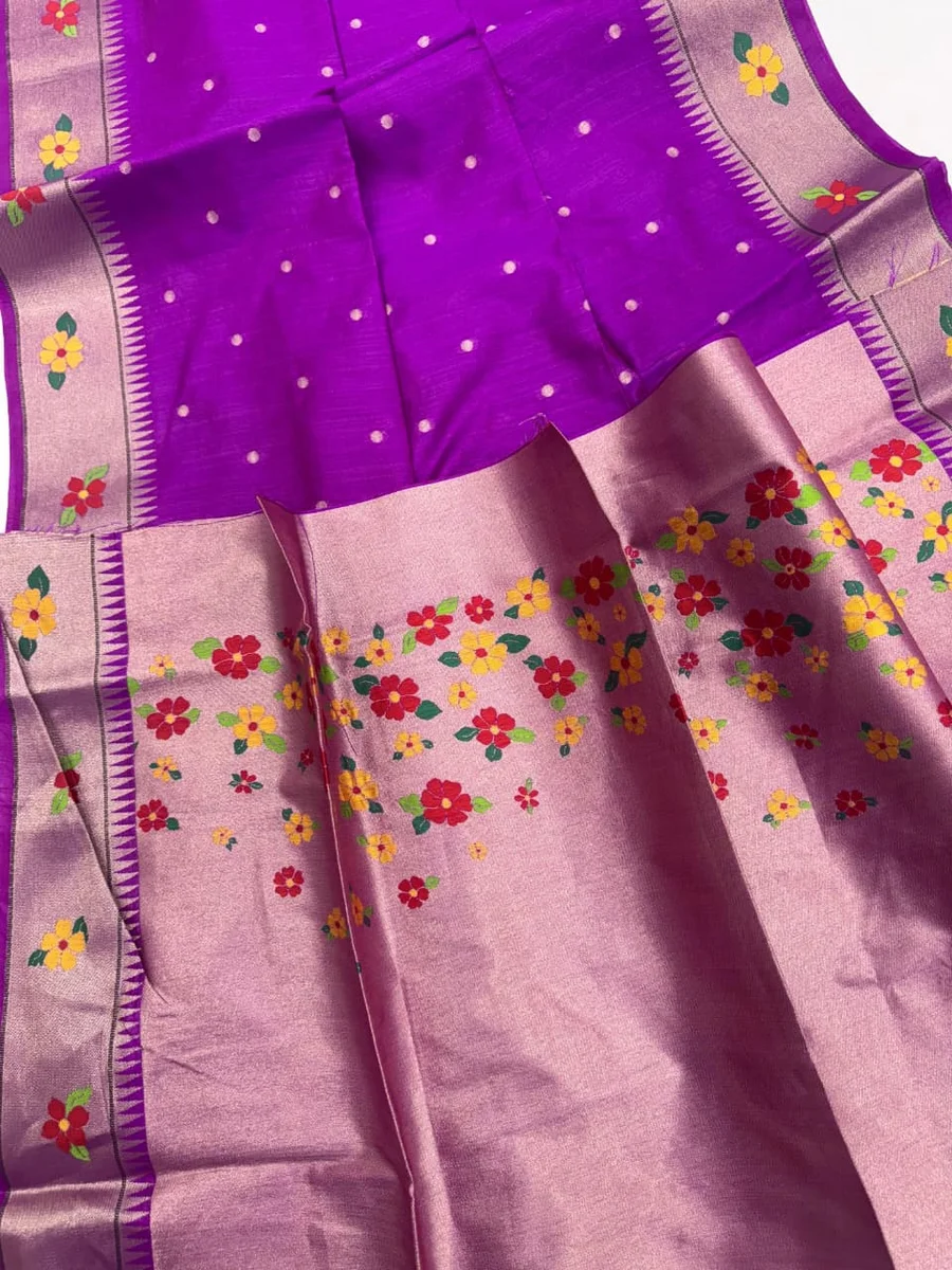 Phoolmala Paithani – Soft Khadi Raw Silk Saree with colorful rich Meena weaving Paithani pallu, traditional floral border, all-over small butties + full Zari wo