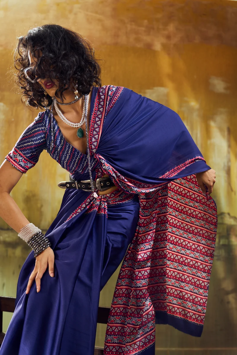 Modal Satin Ajrakh Print Saree + matching Modal Satin Ajrakh Print blouse by www.Laavsee.com