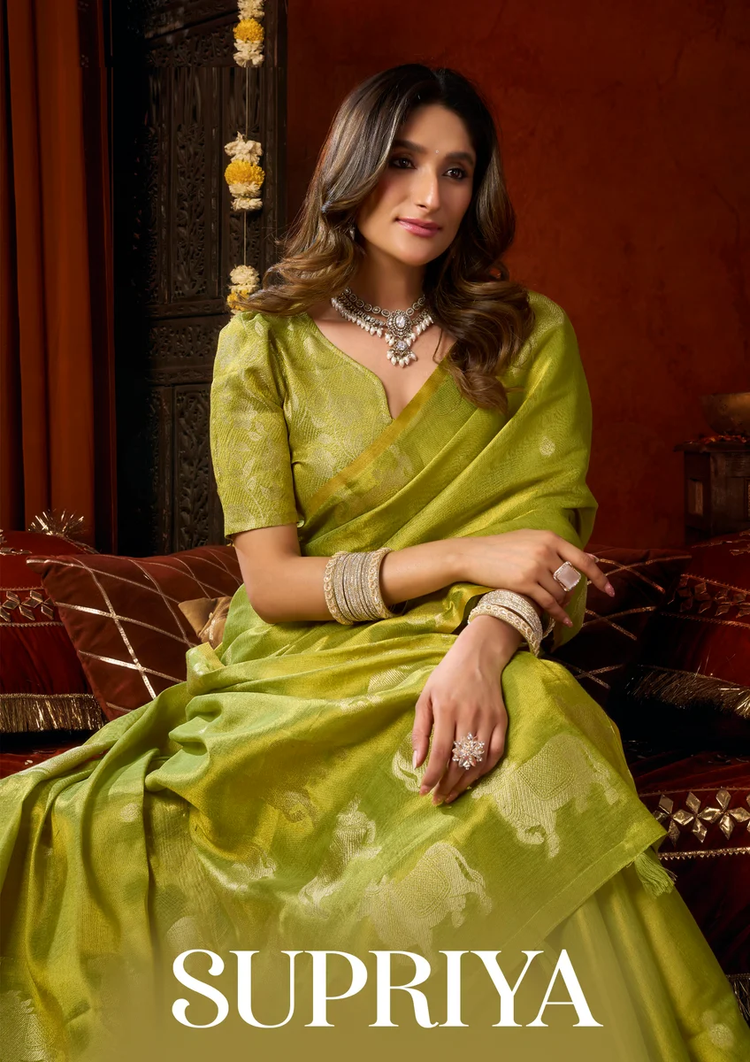Supriya (Series 3601โ3606) โ Heavy Tissue Silk Saree with all-over Cow Butta & fancy tassels + matching blouse piece