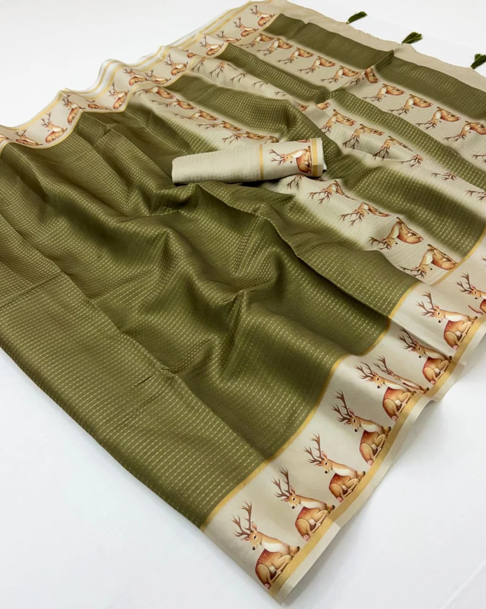 Chhavi Tusser – Soft Tussar with Bentex border, small Zari checks & tassels + matching blouse piece