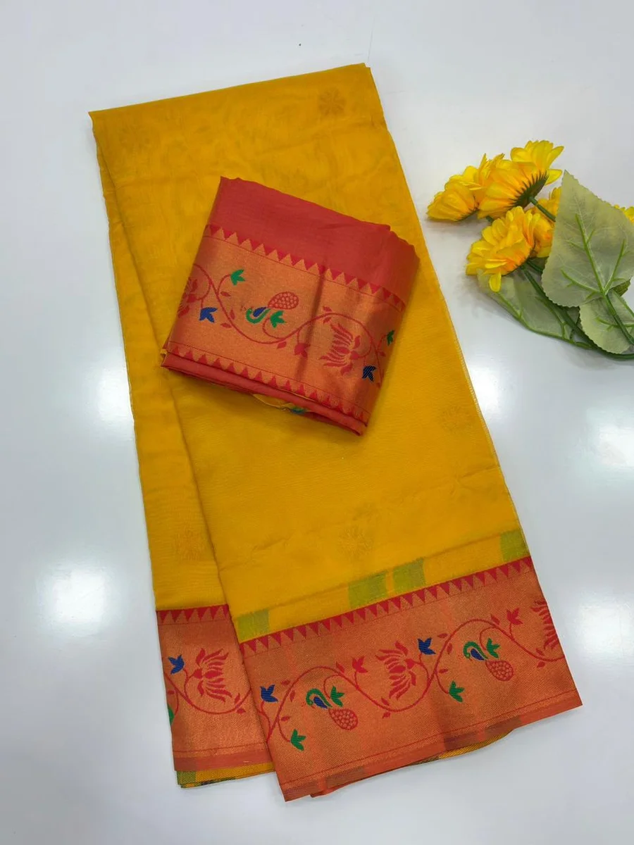Paithani 652 – Premium Soft Tissue Silk Paithani Saree with rich Zari woven Paithani pallu, contrast Zari & Meena classic lotus woven border, all-over tiny butt