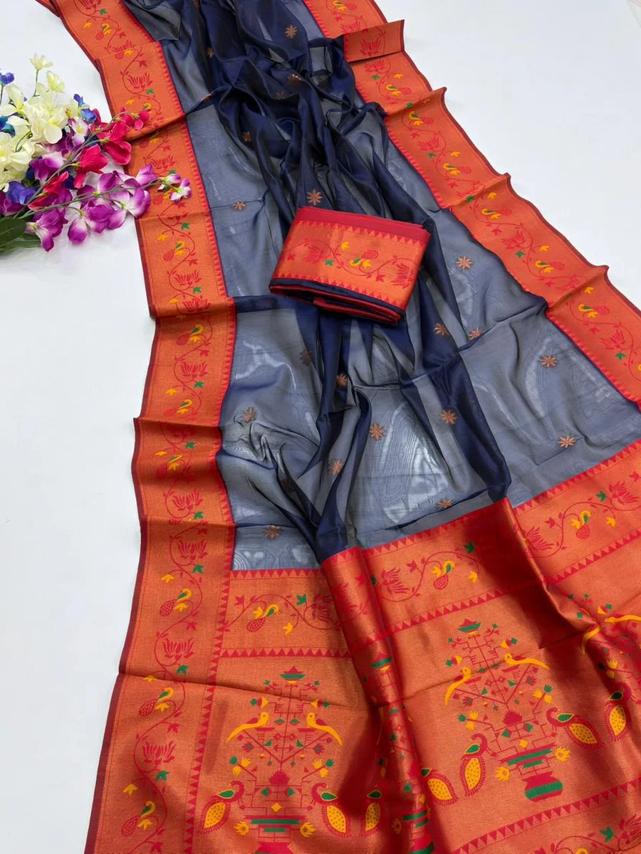 Paithani 652 – Premium Soft Tissue Silk Paithani Saree with rich Zari woven Paithani pallu, contrast Zari & Meena classic lotus woven border, all-over tiny butt