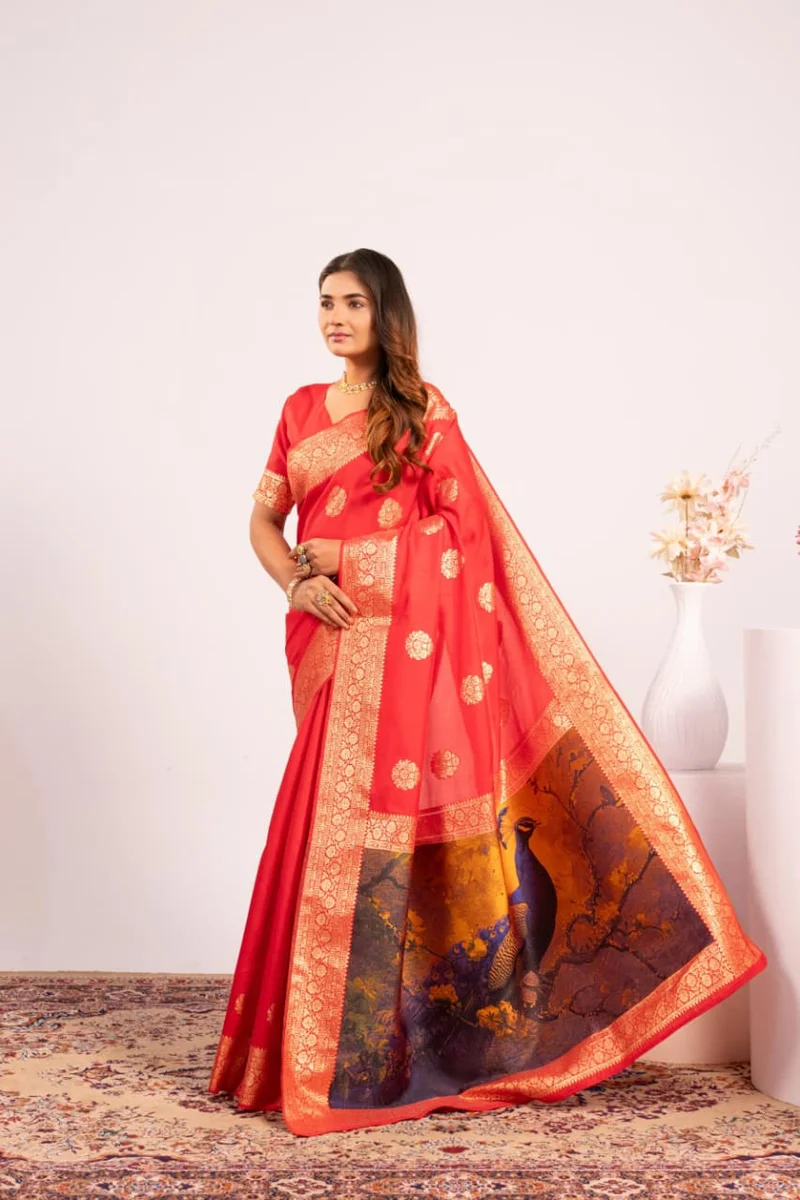 PORTRAIT 641 – Premium soft Banarasi silk saree with exclusive fully Resham weave peacock pallu, fine Zari border + running blouse piece