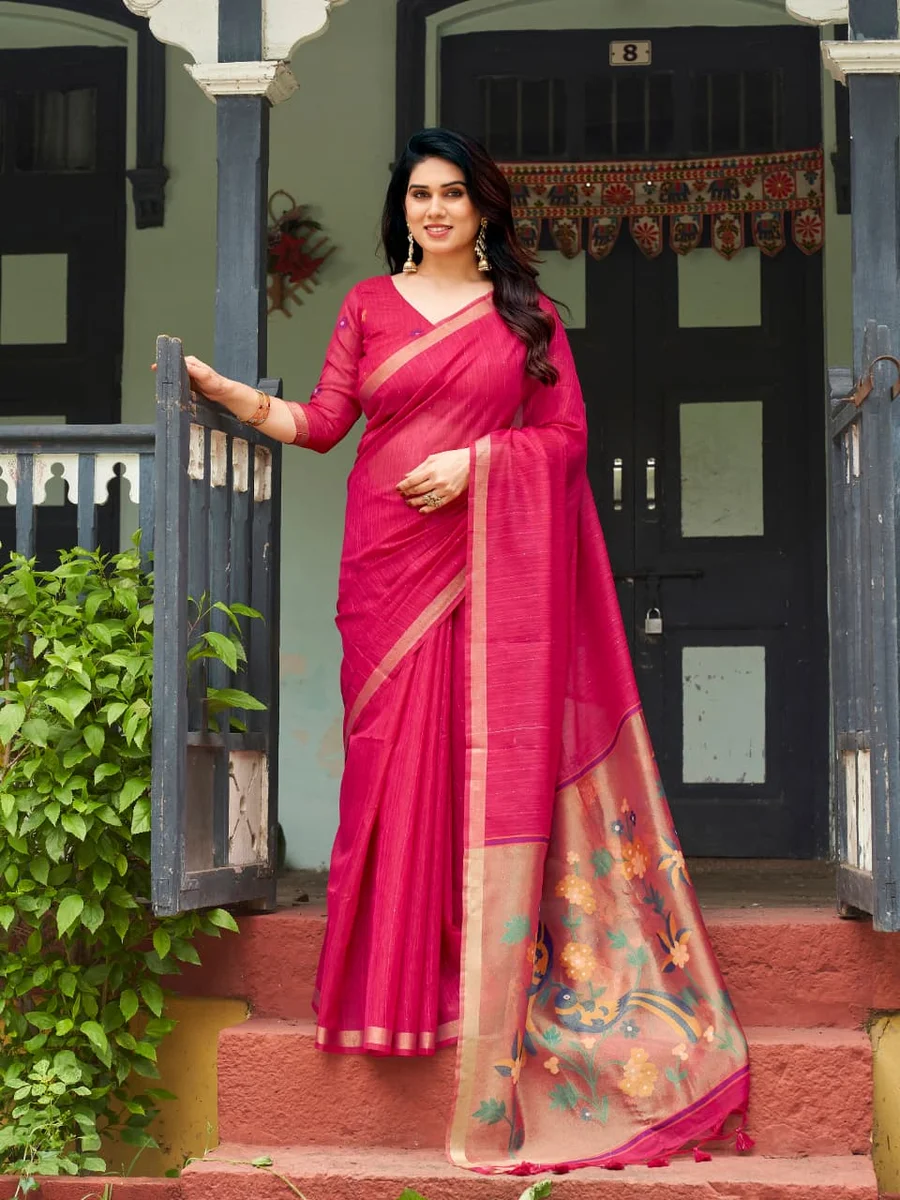 Linen Silk 708 – Premium Soft Pure Linen Silk Saree with rich Zari & Meena weaving tissue pallu, tiny Zari border, all-over sequence Zari lining + running blous