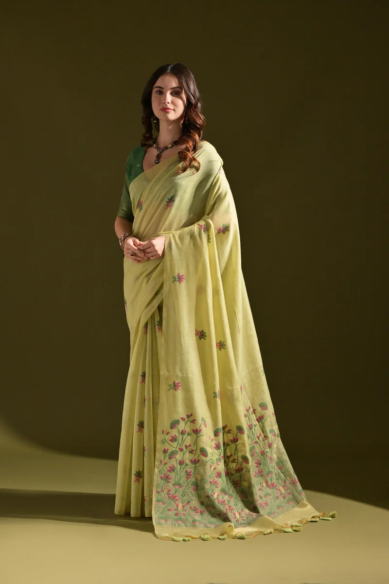 MUGA COTTON 217 – Premium soft Muga cotton saree with all-over floral weaving pattern (Pichwai-style), classic colourful Resham weaving pallu, fancy tassels + c