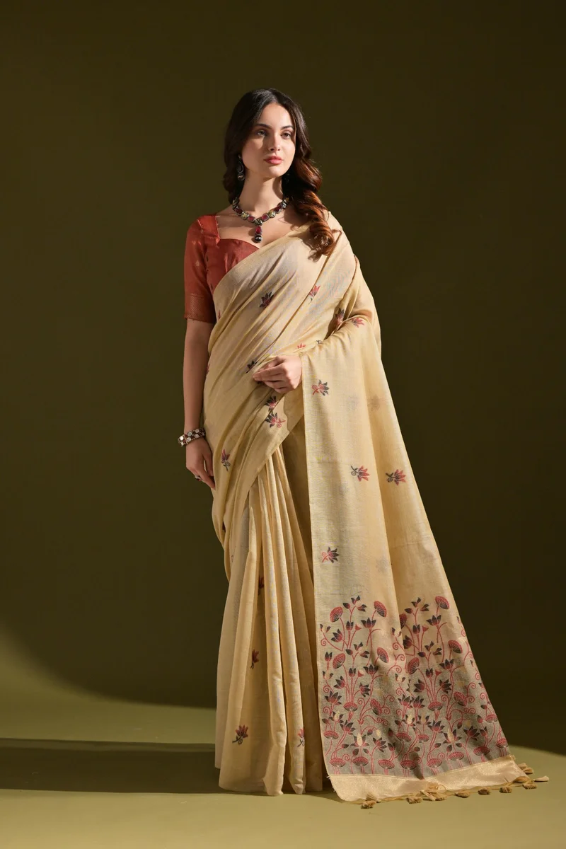 MUGA COTTON 217 – Premium soft Muga cotton saree with all-over floral weaving pattern (Pichwai-style), classic colourful Resham weaving pallu, fancy tassels + c