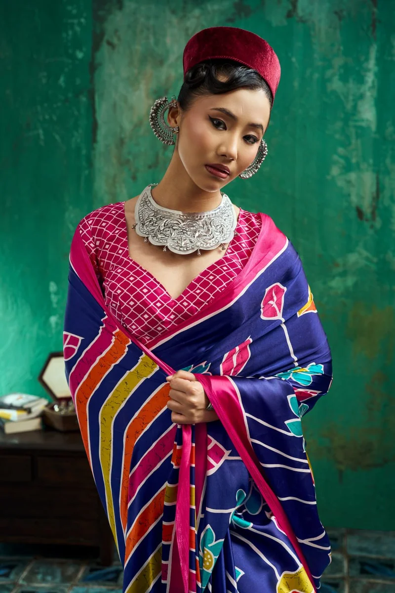 Modal Satin Ajrakh Print Saree + matching Moda blouse by www.Laavsee.com