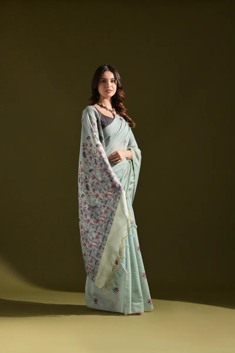 MUGA COTTON 217 – Premium soft Muga cotton saree with all-over floral weaving pattern (Pichwai-style), classic colourful Resham weaving pallu, fancy tassels + c