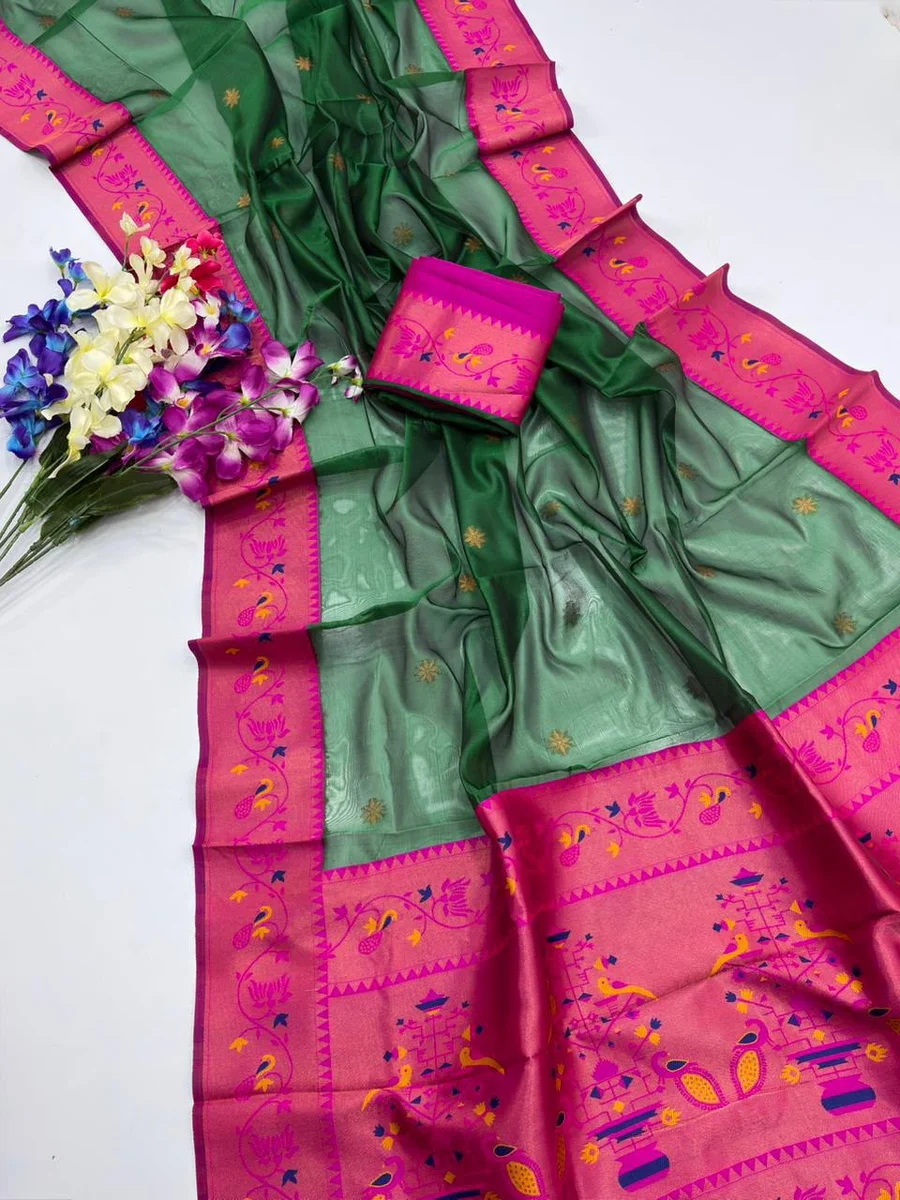 Paithani 652 – Premium Soft Tissue Silk Paithani Saree with rich Zari woven Paithani pallu, contrast Zari & Meena classic lotus woven border, all-over tiny butt