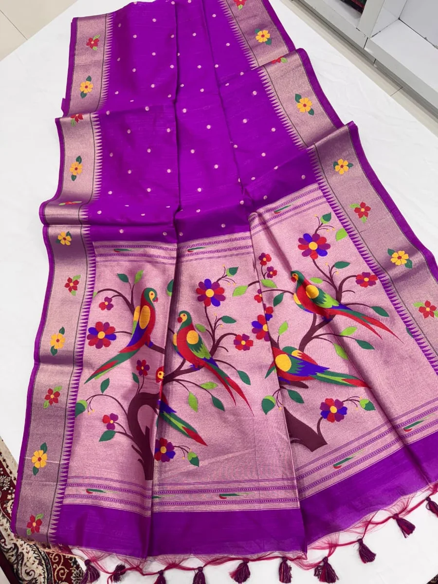 Phoolmala Paithani – Soft Khadi Raw Silk Saree with colorful rich Meena weaving Paithani pallu, traditional floral border, all-over small butties + full Zari wo