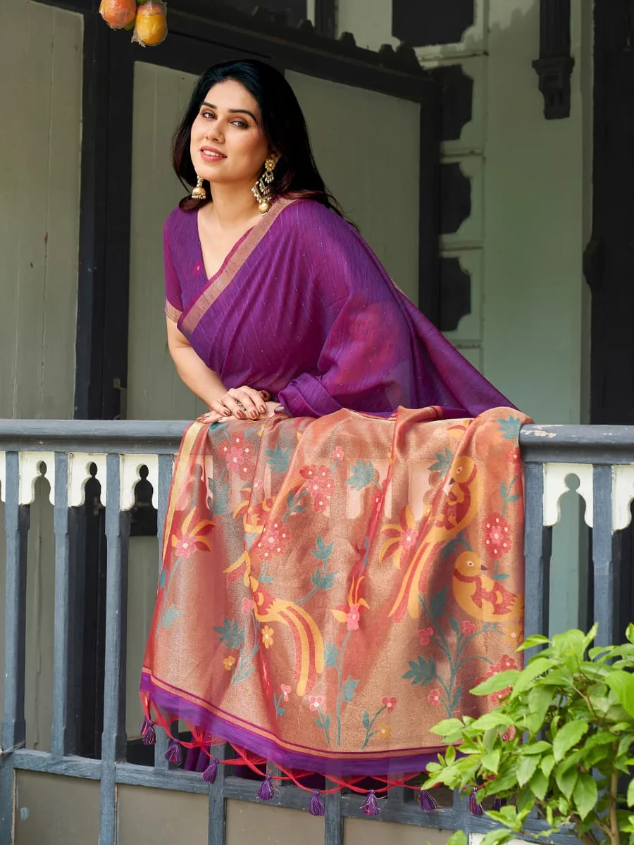 Linen Silk 708 – Premium Soft Pure Linen Silk Saree with rich Zari & Meena weaving tissue pallu, tiny Zari border, all-over sequence Zari lining + running blous