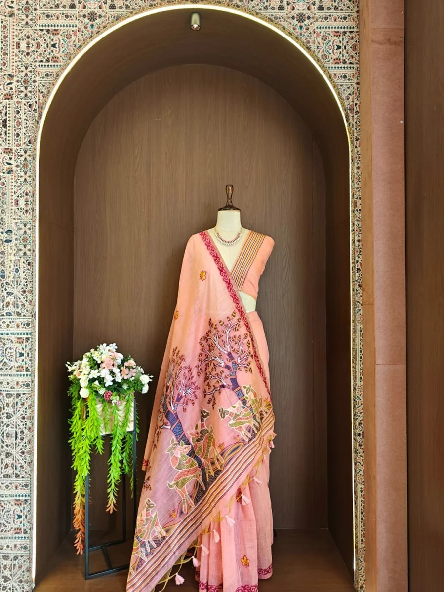 Premium Soft Muga Cotton Saree with Hiran & Tree woven pallu, all-over floral weaving, contrast border, fancy tassels + running blouse piece
