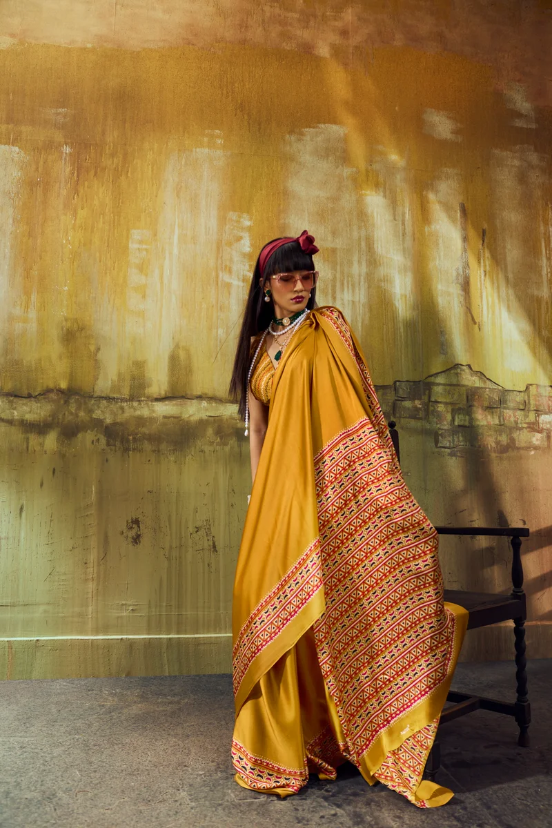 Modal Satin Ajrakh Print Saree + matching Modal Satin Ajrakh Print blouse by www.Laavsee.com